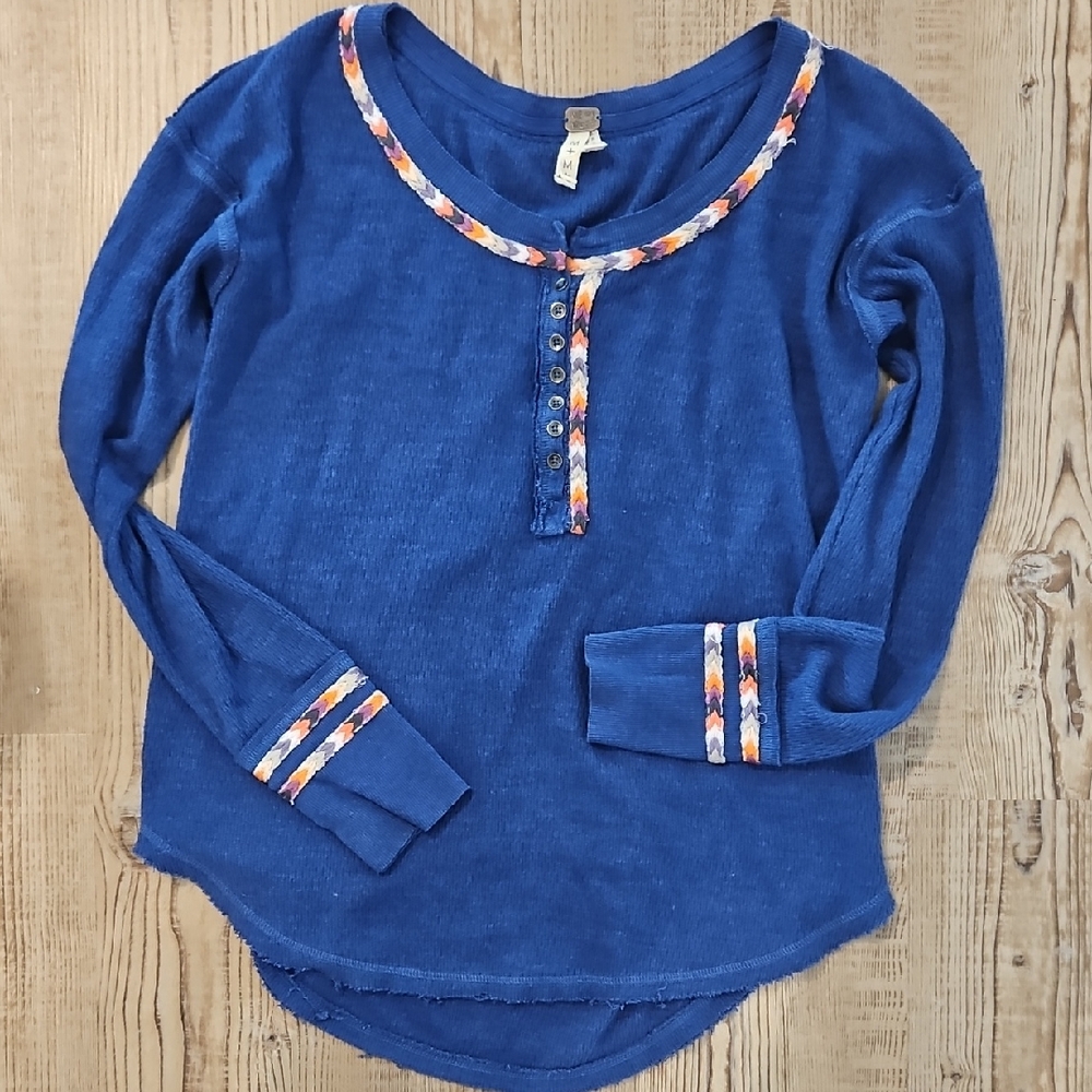 We The Free Royal Blue Long Sleeve Henley with Multicolor Trim